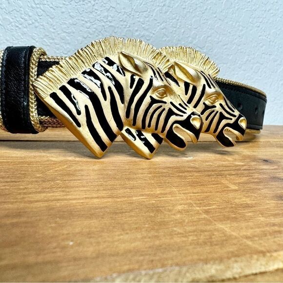 Vintage Doncaster black leather zebra heads buckle belt size medium - Picture 4 of 11